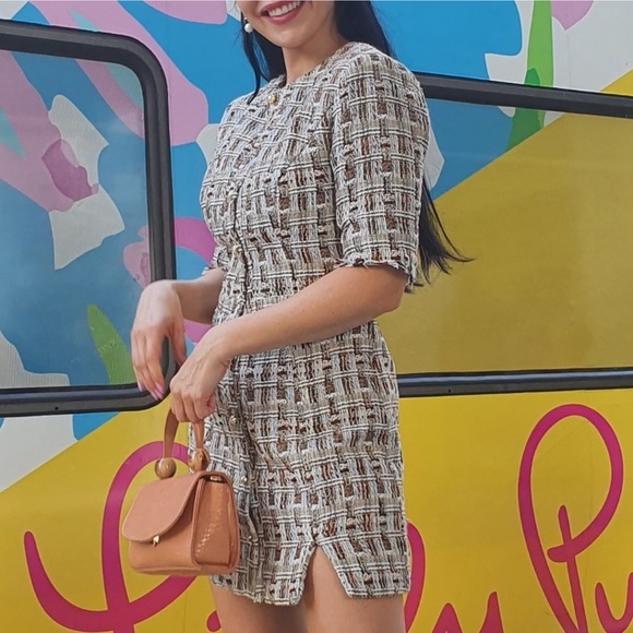 NWT Song of Style Warner Tweed Mini Dress Sz M Preppy Button Down Plaid - Picture 4 of 9